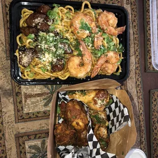 Garlic Noodes with Shrimp and Tri-tip.  Cajun Lemon Pepper and Unami Wings.  Will go back again! Satisfied the cravings! First timer!