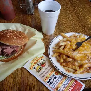 Pastrami burger with green chili fries.