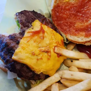 The worst burger ever. Not even an inch thick, asked for bacon, he argued with me that I didnt...look at that cheese!