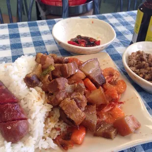 My lunch, sausage with braised porn belly and caramelized shrimps for only $10!