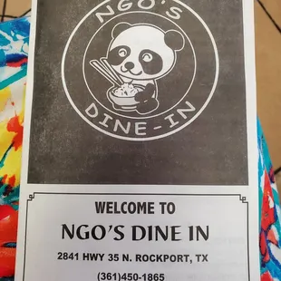 Front of take out menu