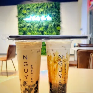 Mango Milk Tea and Brown Sugar Milk with boba.