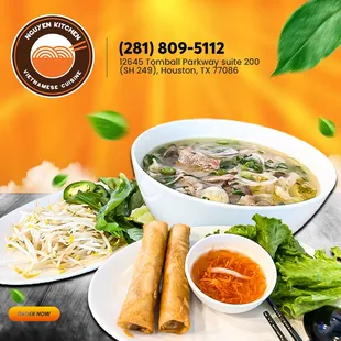 BỘ ĐÔI NO CĂNG BỤNG - CHINH PHỤC THỰC KHÁCH NGAY CÁI NHÌN ĐẦU TIÊN
Combo Phở Bò và Chả Giò nhà Nguyen Kitchen Vietnamese Cuisine.
K