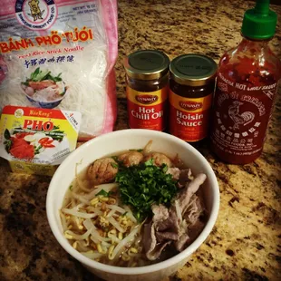 This is all you need to make delicious pho. Add cilantro, meatballs and beef.