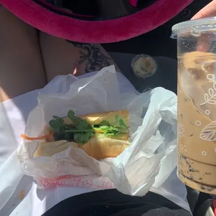 banh mi ga, oolong milk tea with crystal boba