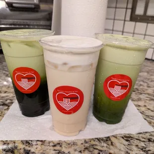 L-R: Match Milk Tea, Golden Oolong Milk Tea, Thai Green MilkTea, $5.50 each prior to tax