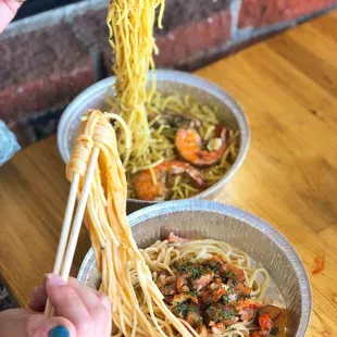 Garlic noodles and cajun crawfish pasta