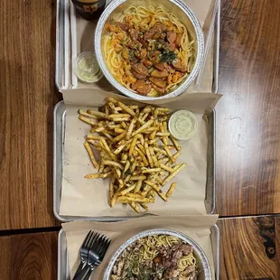 Crawfish pasta  Fries  Garlic Noodles with Chicken  More pics on Instagram @kaaateats