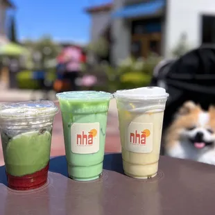 Strawberry Matcha Latte ($7.50), Pandan Dream w/ soy milk, mung beans, coconut ($7), Corn Cloud w/ corn milk, coconut foam ($7)