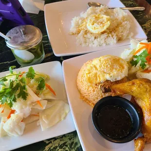 white rice with 2 eggs fried chicken  side of pickled cabbage  lots of jalapeños