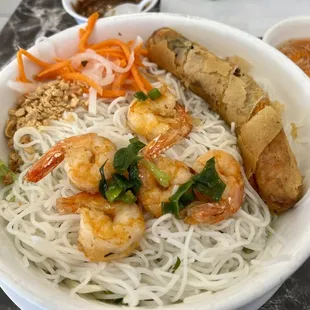 Vermicelli rice noodles with grilled shrimp &amp; egg rolls