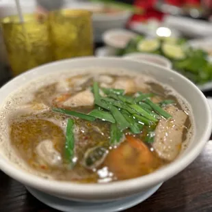 a bowl of soup on a table