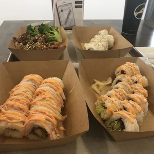 Chicken teriyaki bowl, California roll, Thunder roll, and Sumo roll.