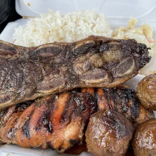 BBQ chicken, beef short ribs and Polynesian meatballs with white rice and mac salad.