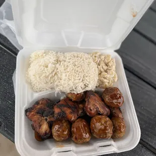 2 Meats/ 2 sides. Got the Kaylenes meatballs and BBQ chicken with rice and Mac salad