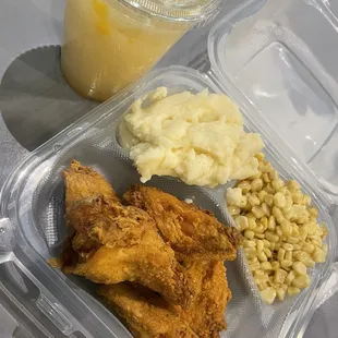 Peach Cobbler Lemonade + Fried Chicken + Mashed Potatoes + Corn