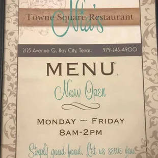 Menu as of Oct 2018