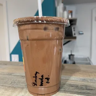 Strawberry mocha, iced, oat milk