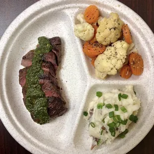 Flank Steak with Chimichurri, Red Potato Mash, and Steamed Cauliflower