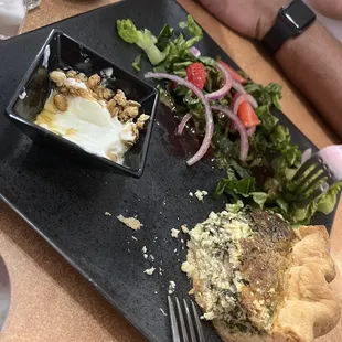 Spinach and feta quiche, yogurt, and strawberry salad