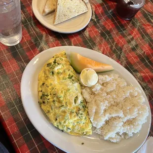 Guacamole omelette with rice breakfast