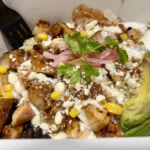 Burrito Bowl - chicken carnitas as protein with quinoa base