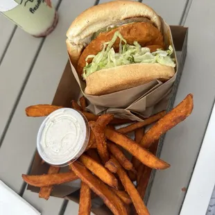fried chicken sandwich and SWEET POTATO FRIES