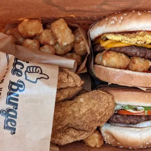 Tater Tots, Chicken Tenders, Mushroom Burger and Breakfast Sandwich