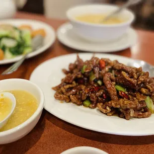 Sesame Beef, Corn Soup, Egg Tofu