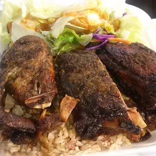 Jerk plate with rice/peas and salad