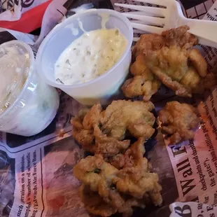 fried oysters... they were really good with tartar and hot sauce