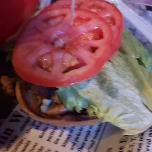 Bleu cheese burger with bacon and beautiful tomatoes.  I hate getting tomato slices with a core in them.  These TWO slices were perfect.