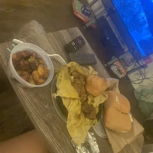 Coco bread sweet plaintains roti and curry goat fried dumplings