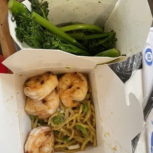 Garlic noodles with shrimp and broccolini