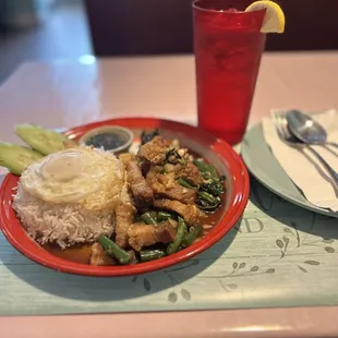 Their new item on menu - rice topped with fried egg, crispy pork belly in brown sauce and basil and green beans / so yummy! 10 stars