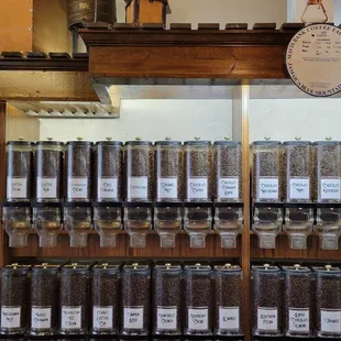 a shelf of coffee beans