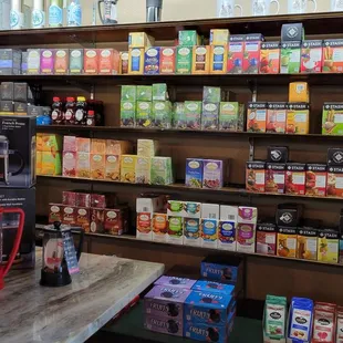 shelves of coffee and tea products