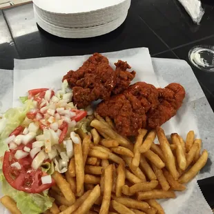 Buffalo chicken dinner with fries &amp; a salad