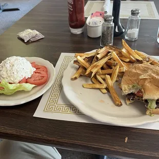 Bacon Cheeseburger (Dressed) w/ Fries and tomatoes and Cottage Cheese.