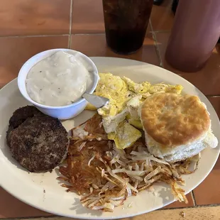 1 Egg breakfast with sausage, hash browns, and biscuit &amp; gravy -Delish!