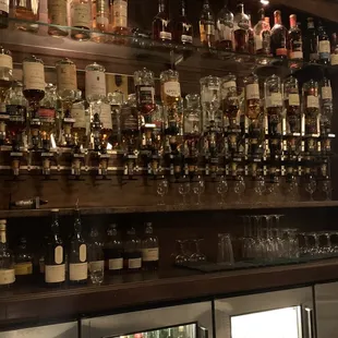 a wall of liquor bottles and glasses