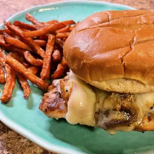 Grilled Chicken Sandwich with mushrooms and Swiss  Sweet Potato Fries