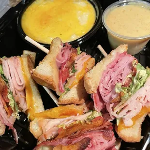 Texas Club Sandwich Jalapeno Cheddar Grits Honey mustard