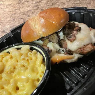 Grilled Chicken Sandwich with added Swiss cheese and mushrooms  Side of Homestyle Mac-n-Cheese