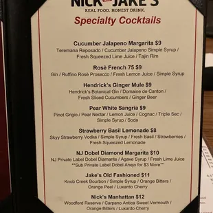 Cocktail menu