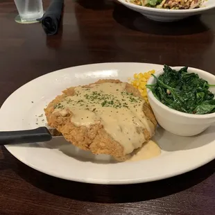 Chicken Fred steak, corn, and spinach $9 Saturday lunch special