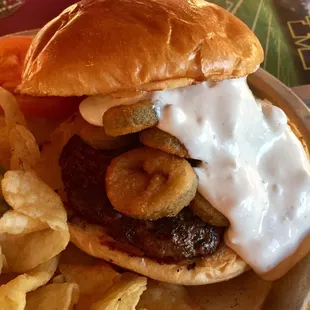 This burger, topped with deep fried jalapeños and a VERY mild bleu cheese sauce, is fantastic.