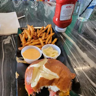Old fashioned Burger, added cheddar cheese and extra Krispy bacon with seasoned fries.
