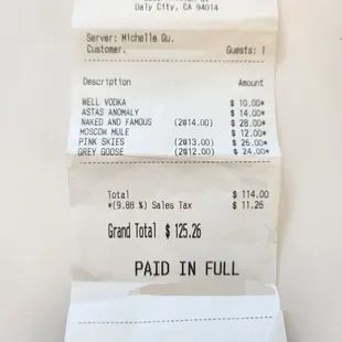 The receipt I asked for after being told that a bartender closed me out. I did not close out myself, nor did I sign anything.