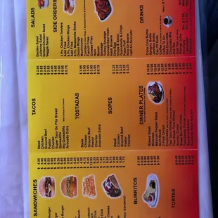 the menu of the restaurant